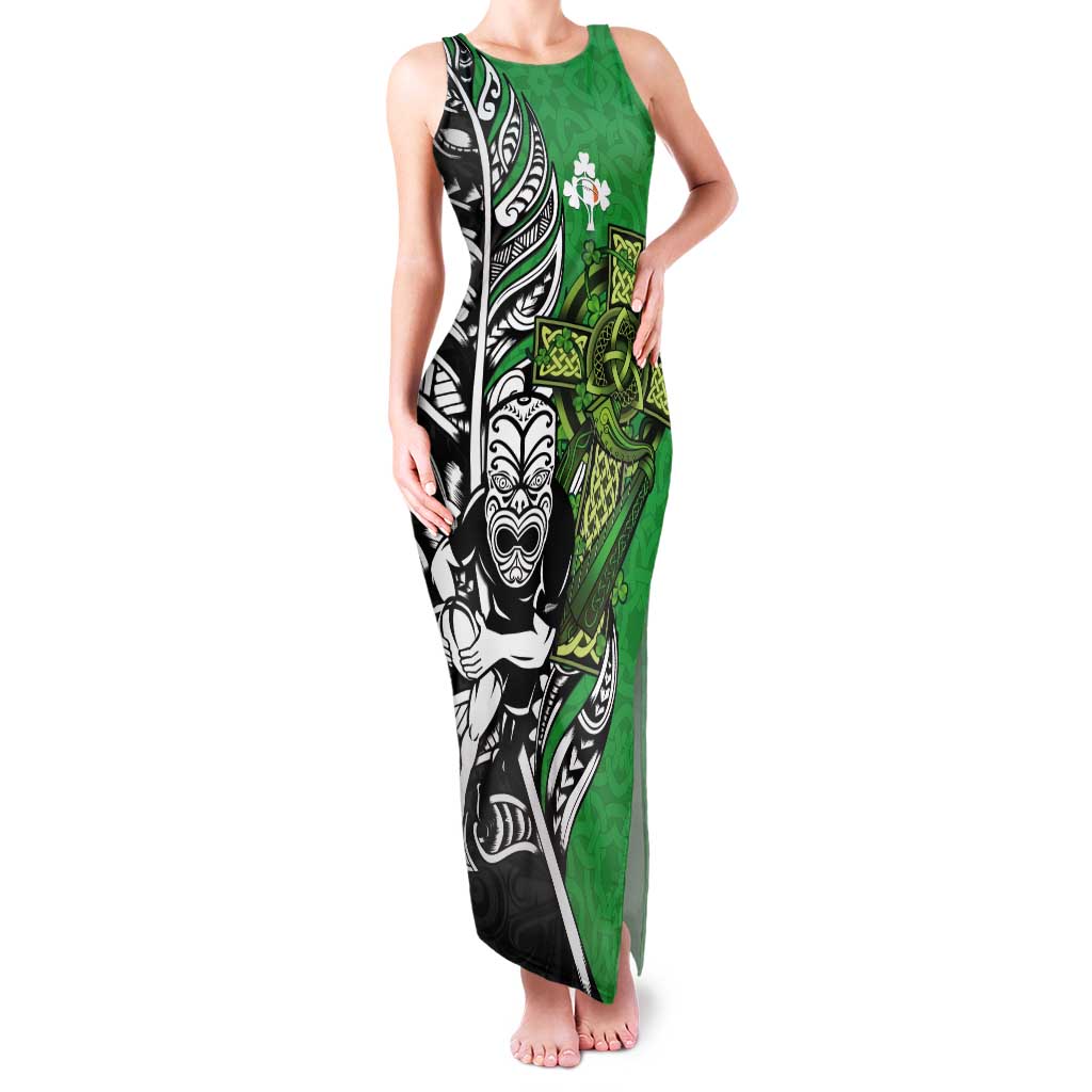 New Zealand and Ireland Rugby Custom Tank Maxi Dress Maori Tiki Fern Irish Celtic Cross LT14 Women Green - Polynesian Pride