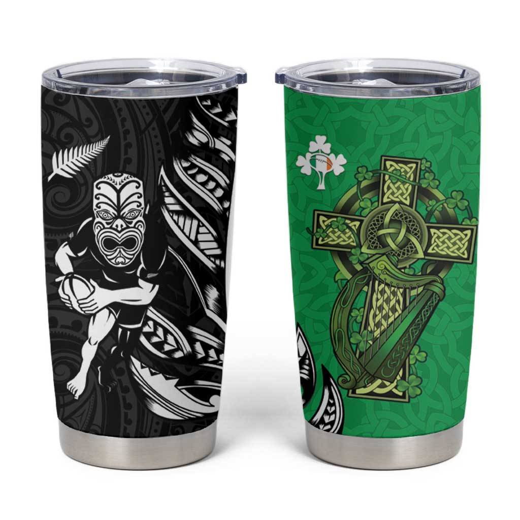 New Zealand and Ireland Rugby Tumbler Cup Maori Tiki Fern Irish Celtic Cross LT14 Green - Polynesian Pride