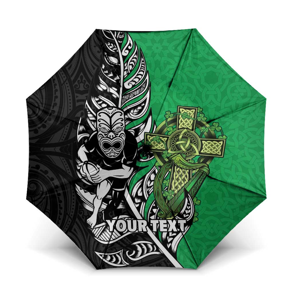 New Zealand and Ireland Rugby Custom Umbrella Maori Tiki Fern Irish Celtic Cross LT14 One Size Folded 11.42 inch Opened Diameter 37.4 inch Green - Polynesian Pride