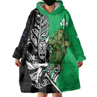 New Zealand and Ireland Rugby Custom Wearable Blanket Hoodie Maori Tiki Fern Irish Celtic Cross - Polynesian Pride