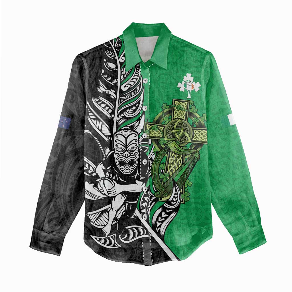 New Zealand and Ireland Rugby Custom Women Casual Shirt Maori Tiki Fern Irish Celtic Cross - Polynesian Pride