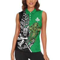 New Zealand and Ireland Rugby Custom Women Sleeveless Polo Shirt Maori Tiki Fern Irish Celtic Cross LT14 - Polynesian Pride