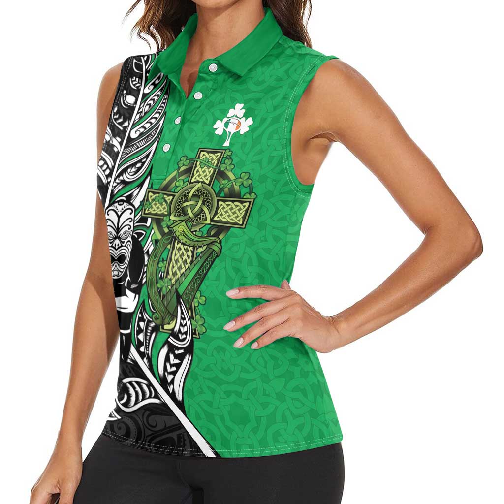 New Zealand and Ireland Rugby Custom Women Sleeveless Polo Shirt Maori Tiki Fern Irish Celtic Cross LT14 - Polynesian Pride