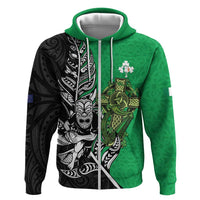 New Zealand and Ireland Rugby Custom Zip Hoodie Maori Tiki Fern Irish Celtic Cross LT14 Zip Hoodie Green - Polynesian Pride