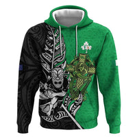 New Zealand and Ireland Rugby Custom Zip Hoodie Maori Tiki Fern Irish Celtic Cross LT14 Pullover Hoodie Green - Polynesian Pride