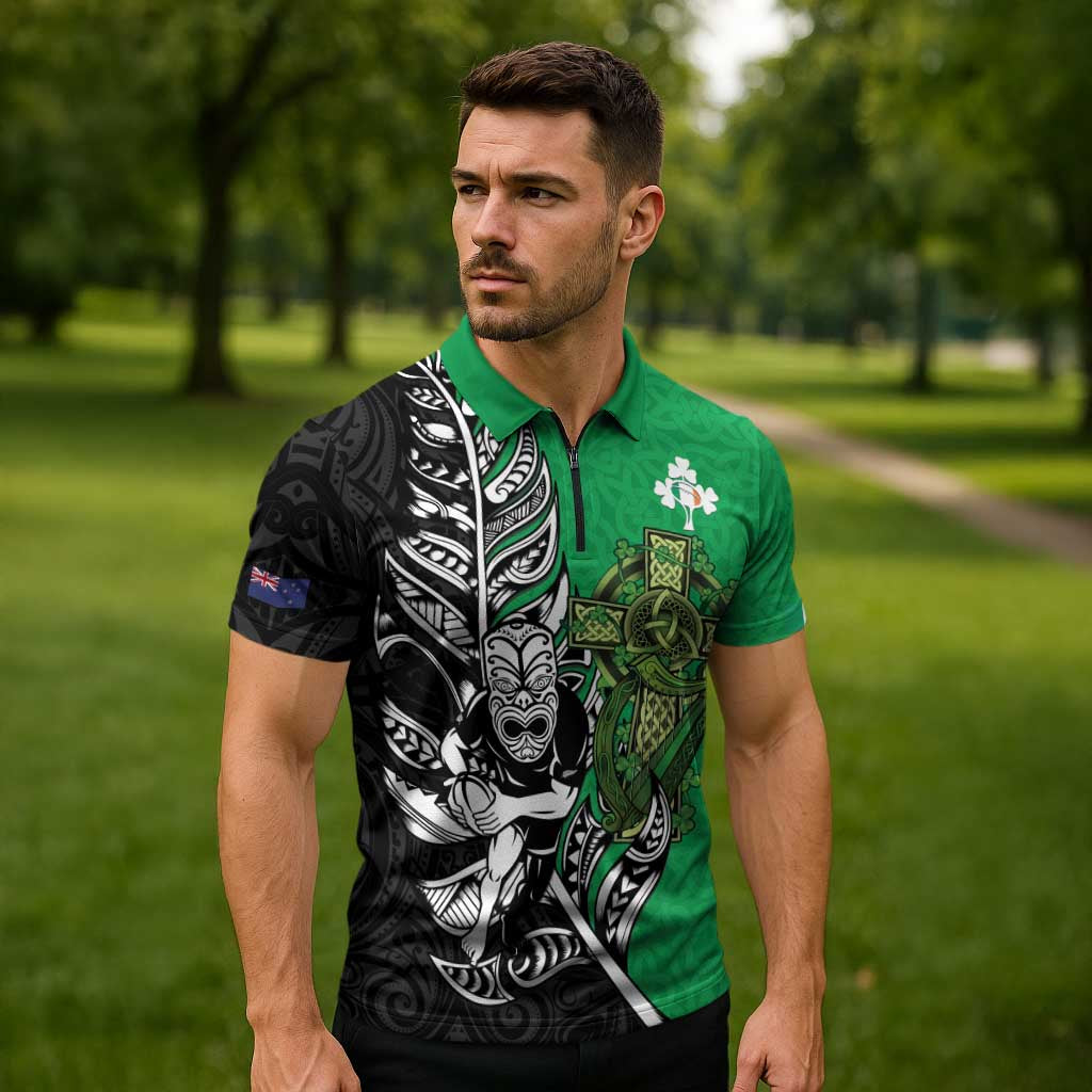 New Zealand and Ireland Rugby Custom Zipper Polo Shirt Maori Tiki Fern Irish Celtic Cross LT14 - Polynesian Pride