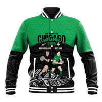 New Zealand and Ireland Rugby Custom Baseball Jacket Chicago 2025 Go All Black Shamrocks - Polynesian Pride