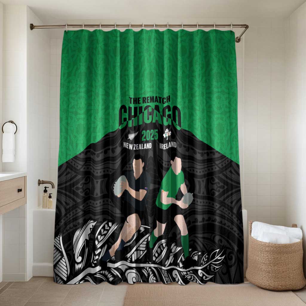 New Zealand and Ireland Rugby Bathroom Set Chicago 2025 Go All Black Shamrocks LT14 Shower Curtain Only Black - Polynesian Pride