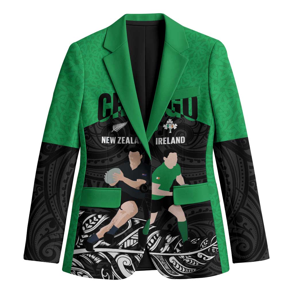 New Zealand and Ireland Rugby Custom Blazer Chicago 2025 Go All Black Shamrocks LT14 Unisex Black - Polynesian Pride