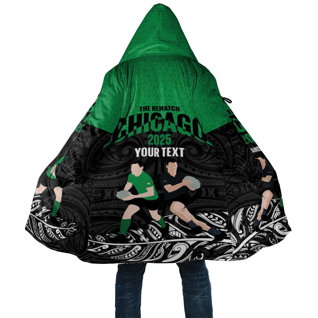 New Zealand and Ireland Rugby Custom Cloak Chicago 2025 Go All Black Shamrocks LT14 Unisex Black - Polynesian Pride