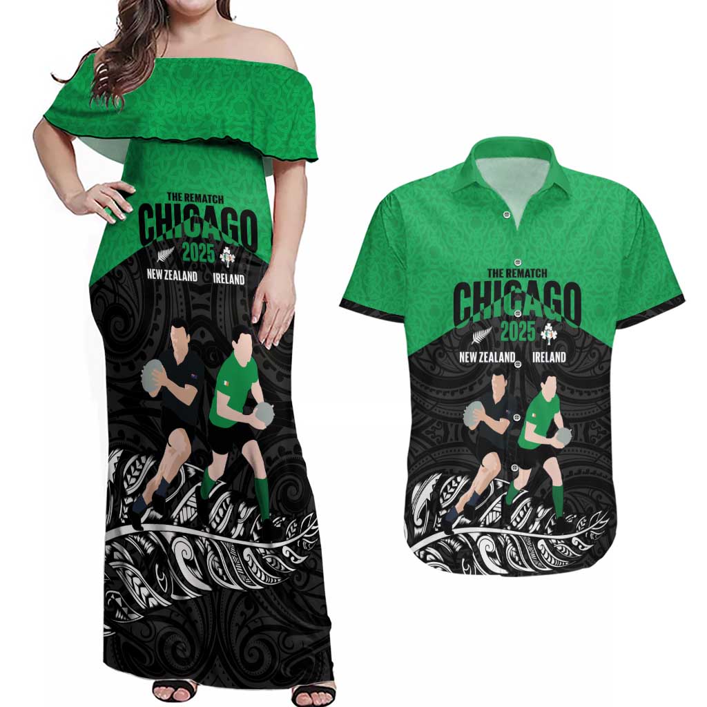 New Zealand and Ireland Rugby Custom Couples Matching Off Shoulder Maxi Dress and Hawaiian Shirt Chicago 2025 Go All Black Shamrocks LT14 Black - Polynesian Pride