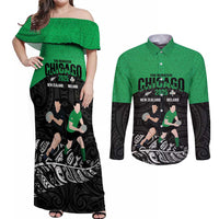 New Zealand and Ireland Rugby Custom Couples Matching Off Shoulder Maxi Dress and Long Sleeve Button Shirt Chicago 2025 Go All Black Shamrocks LT14 Black - Polynesian Pride