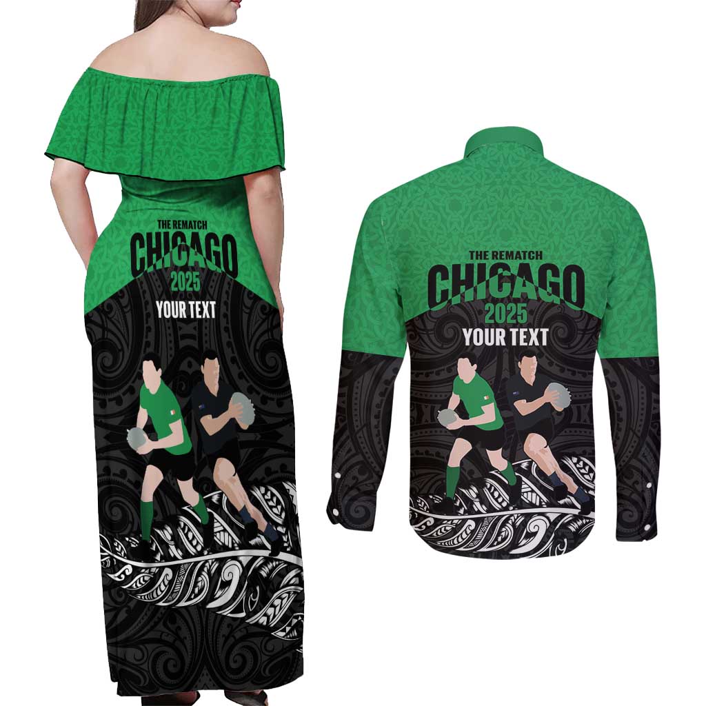New Zealand and Ireland Rugby Custom Couples Matching Off Shoulder Maxi Dress and Long Sleeve Button Shirt Chicago 2025 Go All Black Shamrocks LT14 - Polynesian Pride