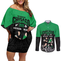 New Zealand and Ireland Rugby Custom Couples Matching Off Shoulder Short Dress and Long Sleeve Button Shirt Chicago 2025 Go All Black Shamrocks LT14 Black - Polynesian Pride