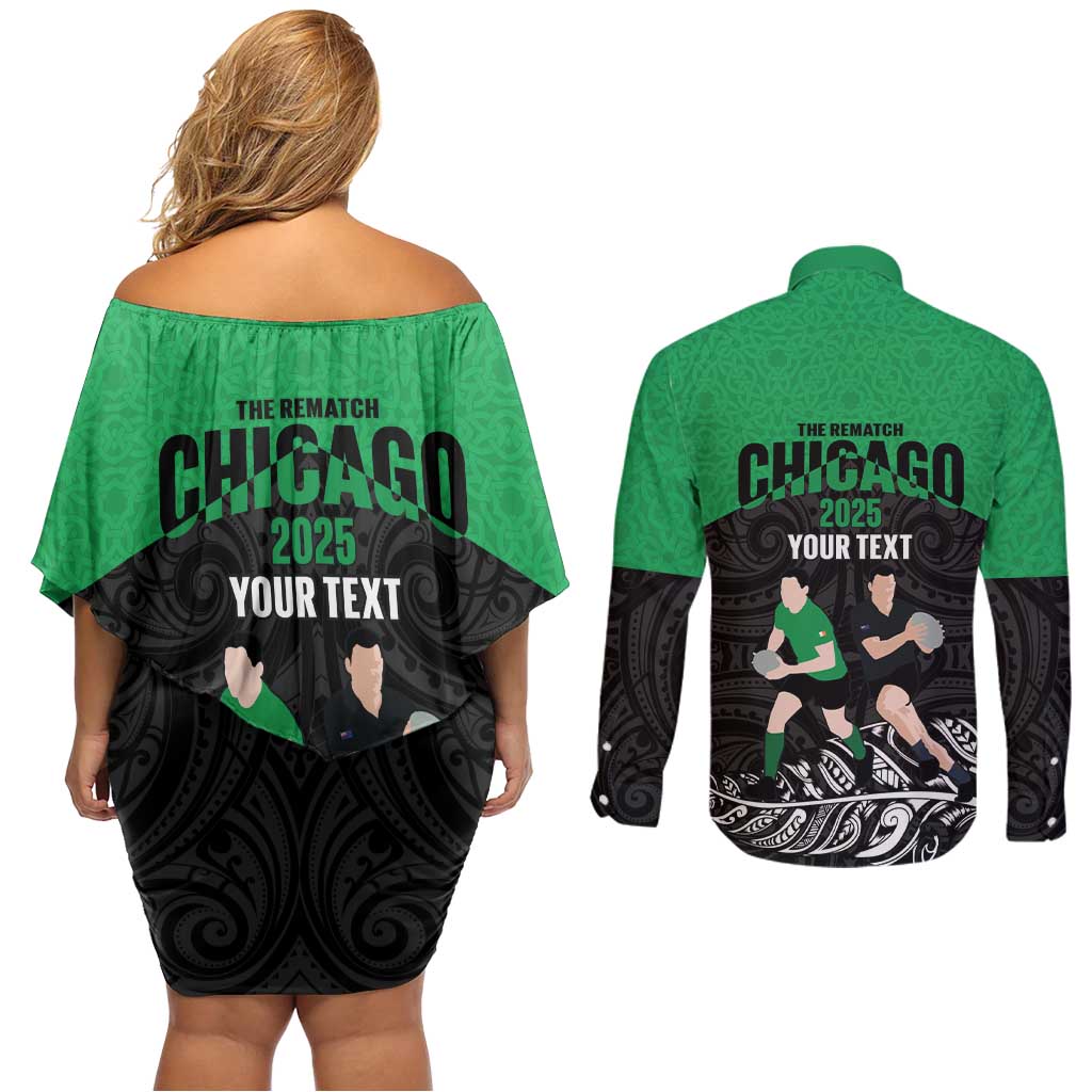 New Zealand and Ireland Rugby Custom Couples Matching Off Shoulder Short Dress and Long Sleeve Button Shirt Chicago 2025 Go All Black Shamrocks LT14 - Polynesian Pride