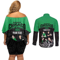 New Zealand and Ireland Rugby Custom Couples Matching Off Shoulder Short Dress and Long Sleeve Button Shirt Chicago 2025 Go All Black Shamrocks LT14 - Polynesian Pride