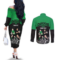 New Zealand and Ireland Rugby Custom Couples Matching Off The Shoulder Long Sleeve Dress and Long Sleeve Button Shirt Chicago 2025 Go All Black Shamrocks - Polynesian Pride