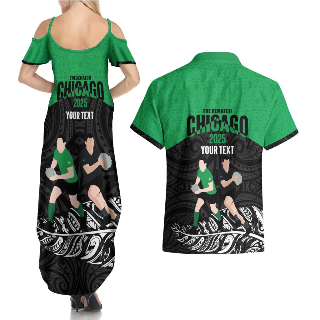 New Zealand and Ireland Rugby Custom Couples Matching Summer Maxi Dress and Hawaiian Shirt Chicago 2025 Go All Black Shamrocks - Polynesian Pride