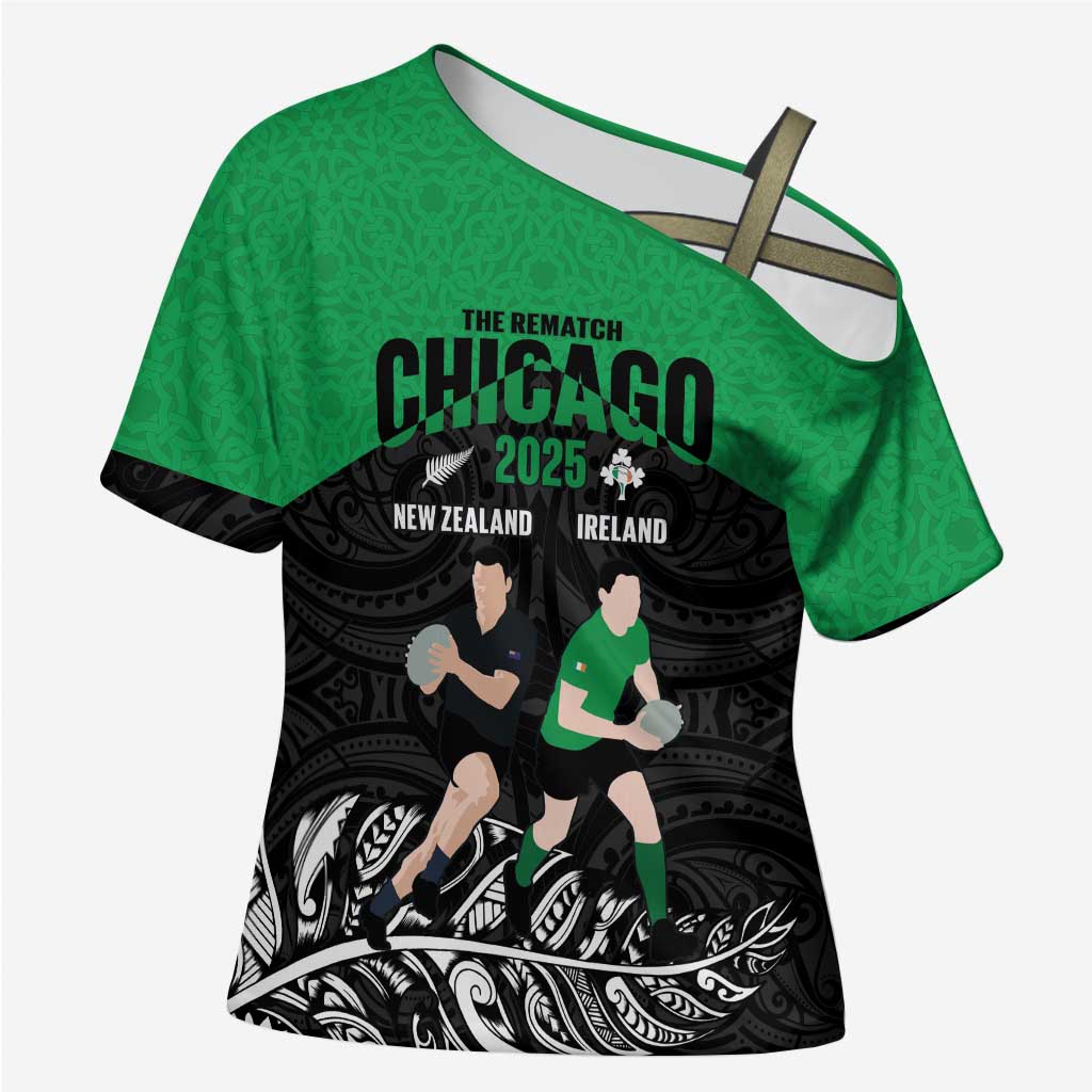 New Zealand and Ireland Rugby Custom Cross Shoulder Shirt Chicago 2025 Go All Black Shamrocks - Polynesian Pride