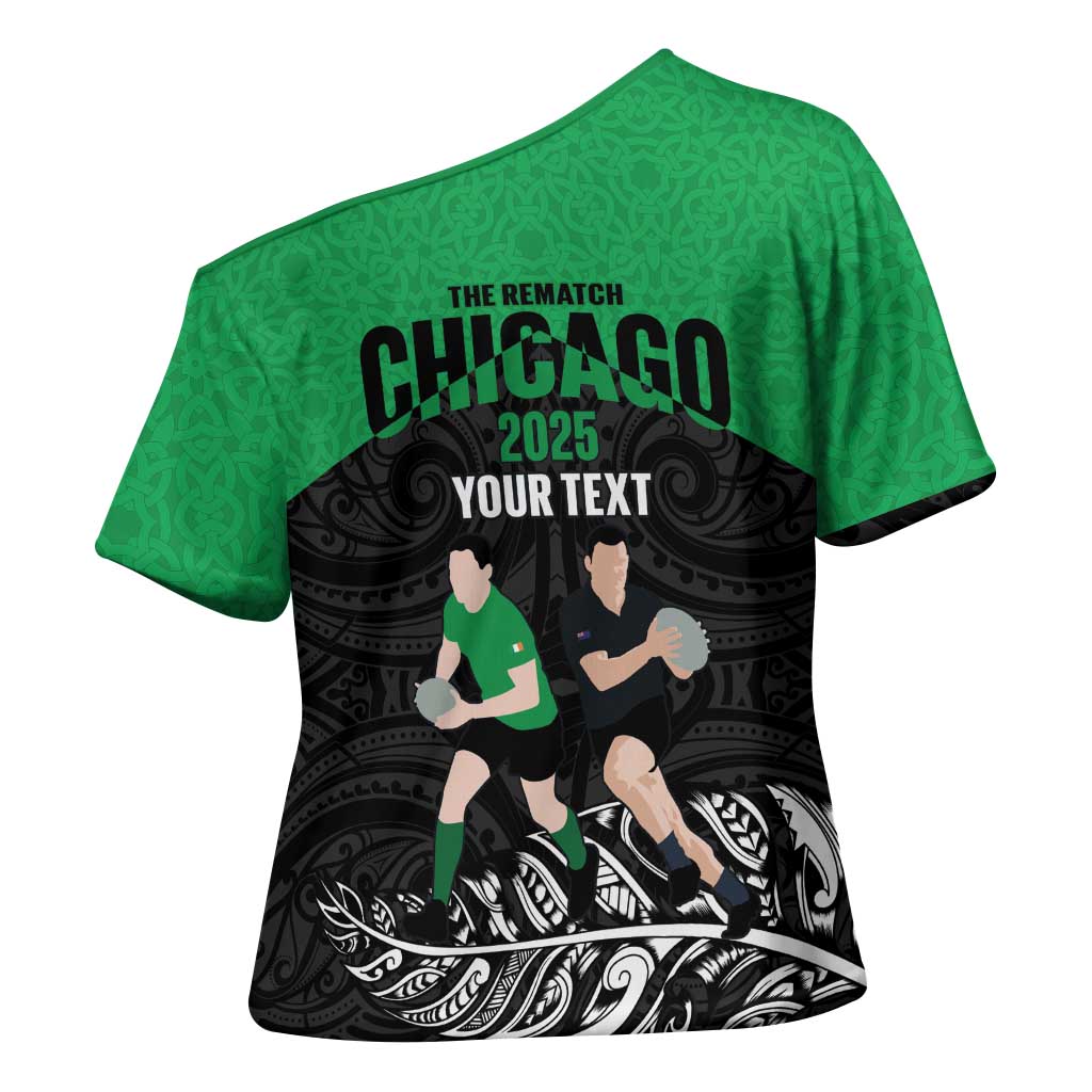 New Zealand and Ireland Rugby Custom Cross Shoulder Shirt Chicago 2025 Go All Black Shamrocks - Polynesian Pride