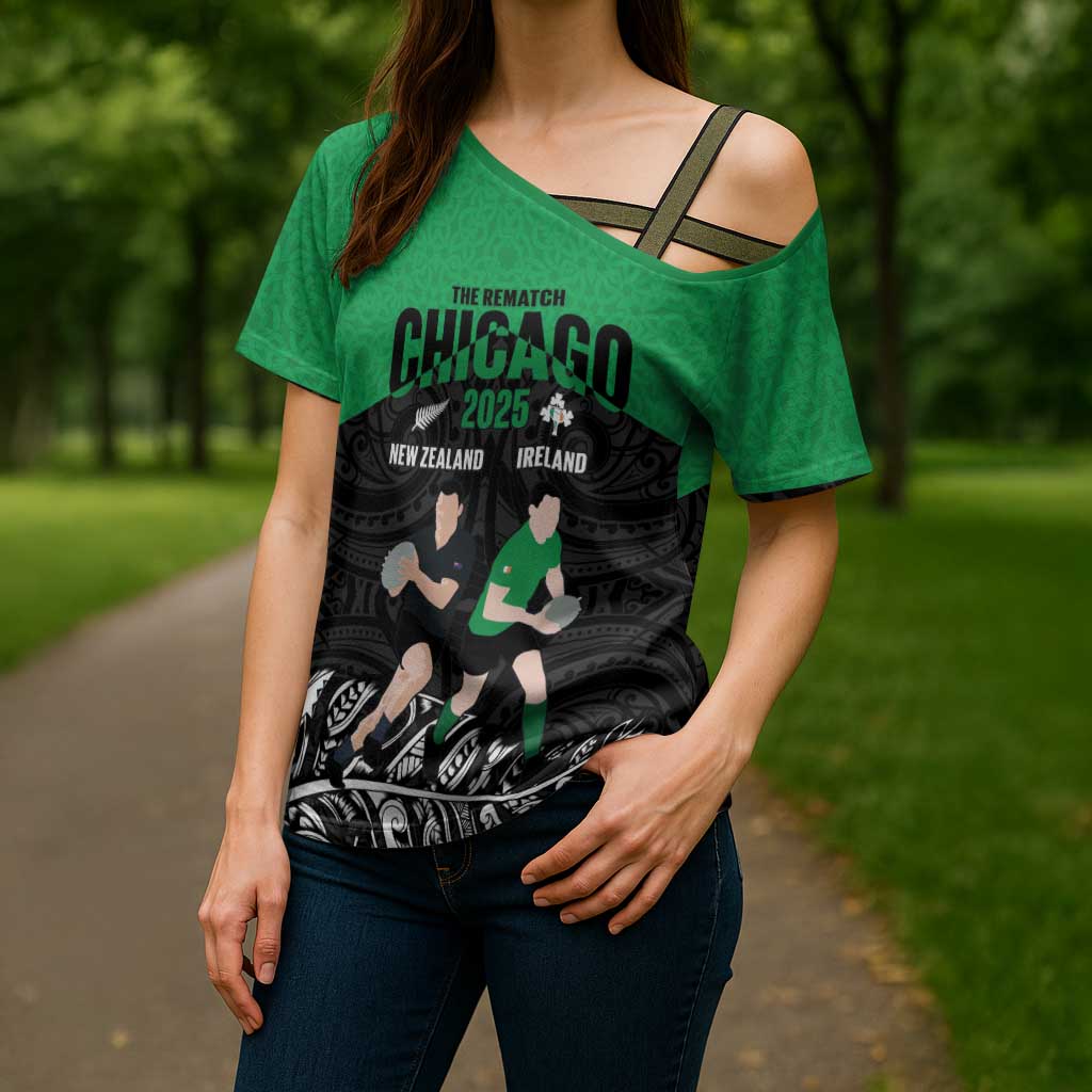 New Zealand and Ireland Rugby Custom Cross Shoulder Shirt Chicago 2025 Go All Black Shamrocks - Polynesian Pride