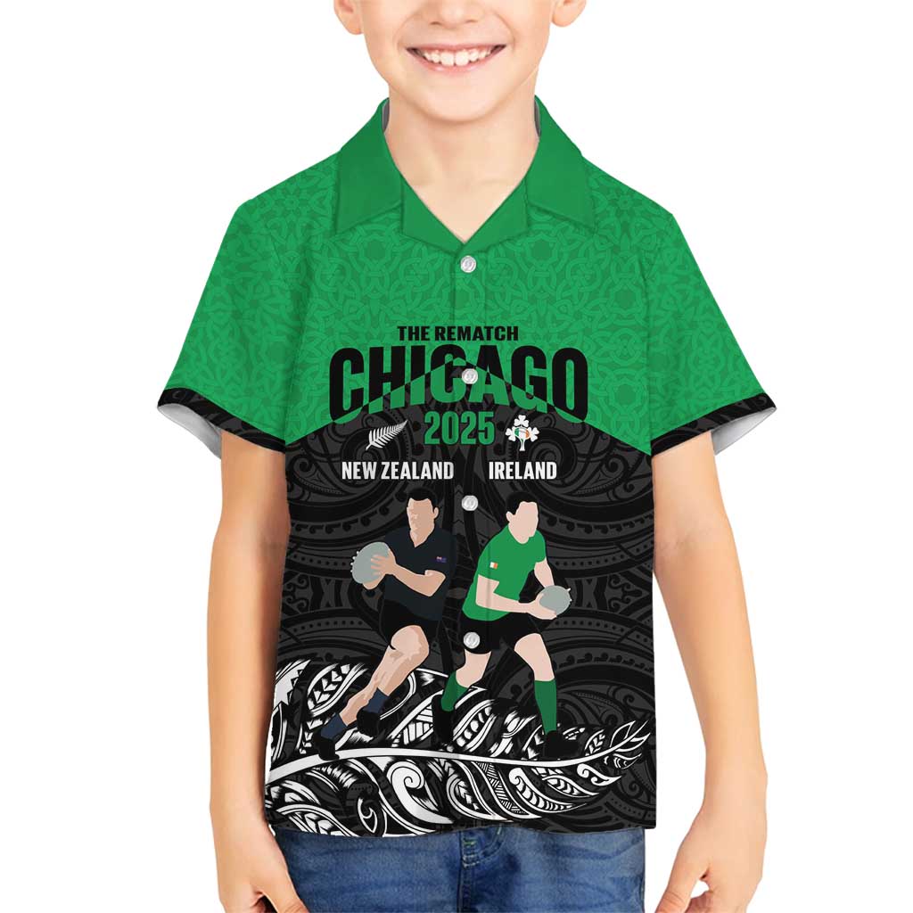 New Zealand and Ireland Rugby Custom Family Matching Long Sleeve Bodycon Dress and Hawaiian Shirt Chicago 2025 Go All Black Shamrocks LT14 Son's Shirt Black - Polynesian Pride