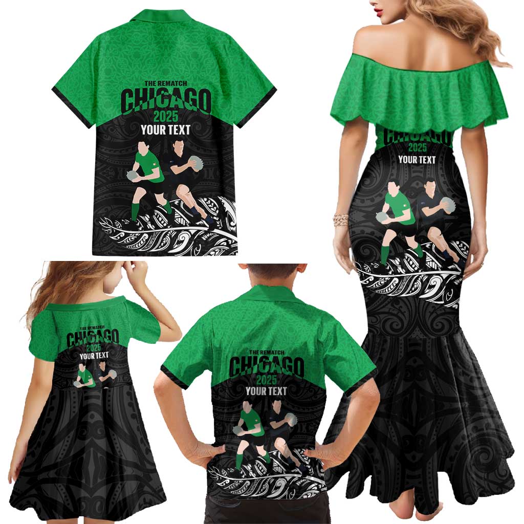 New Zealand and Ireland Rugby Custom Family Matching Mermaid Dress and Hawaiian Shirt Chicago 2025 Go All Black Shamrocks LT14 - Polynesian Pride