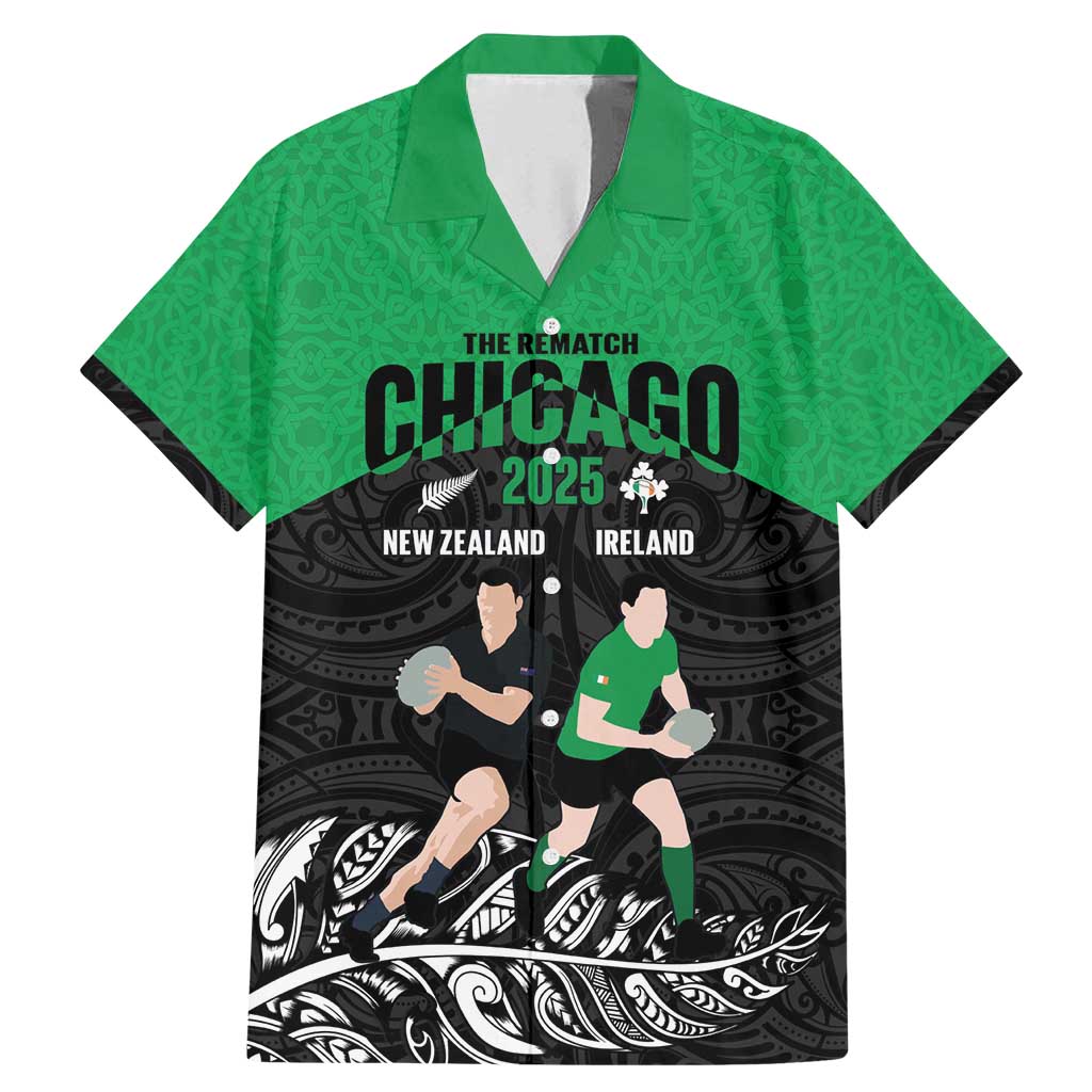 New Zealand and Ireland Rugby Custom Family Matching Mermaid Dress and Hawaiian Shirt Chicago 2025 Go All Black Shamrocks LT14 Dad's Shirt - Short Sleeve Black - Polynesian Pride