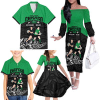 New Zealand and Ireland Rugby Custom Family Matching Off The Shoulder Long Sleeve Dress and Hawaiian Shirt Chicago 2025 Go All Black Shamrocks LT14 - Polynesian Pride