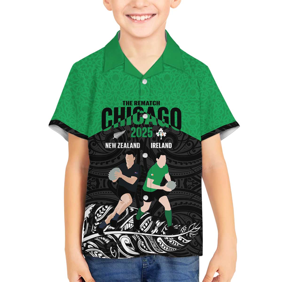 New Zealand and Ireland Rugby Custom Family Matching Off The Shoulder Long Sleeve Dress and Hawaiian Shirt Chicago 2025 Go All Black Shamrocks LT14 Son's Shirt Black - Polynesian Pride