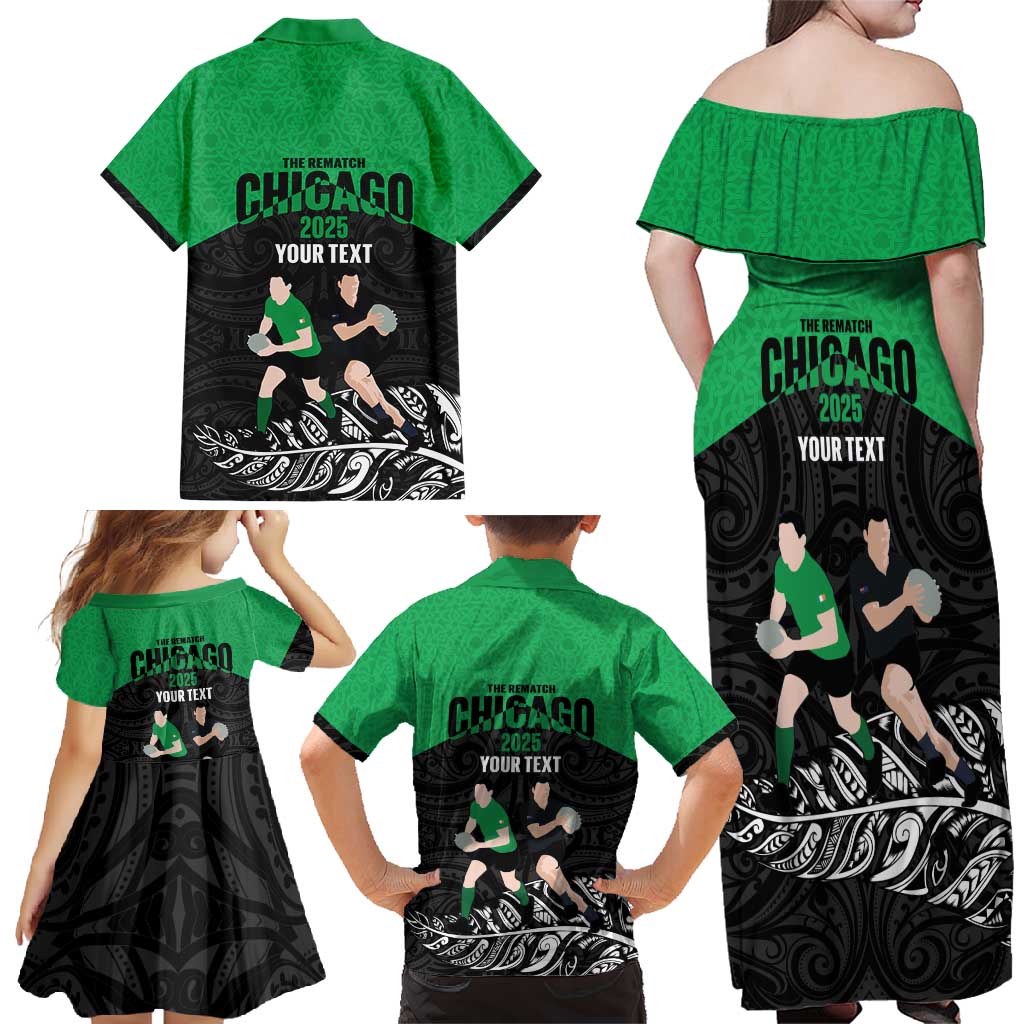 New Zealand and Ireland Rugby Custom Family Matching Off Shoulder Maxi Dress and Hawaiian Shirt Chicago 2025 Go All Black Shamrocks LT14 - Polynesian Pride