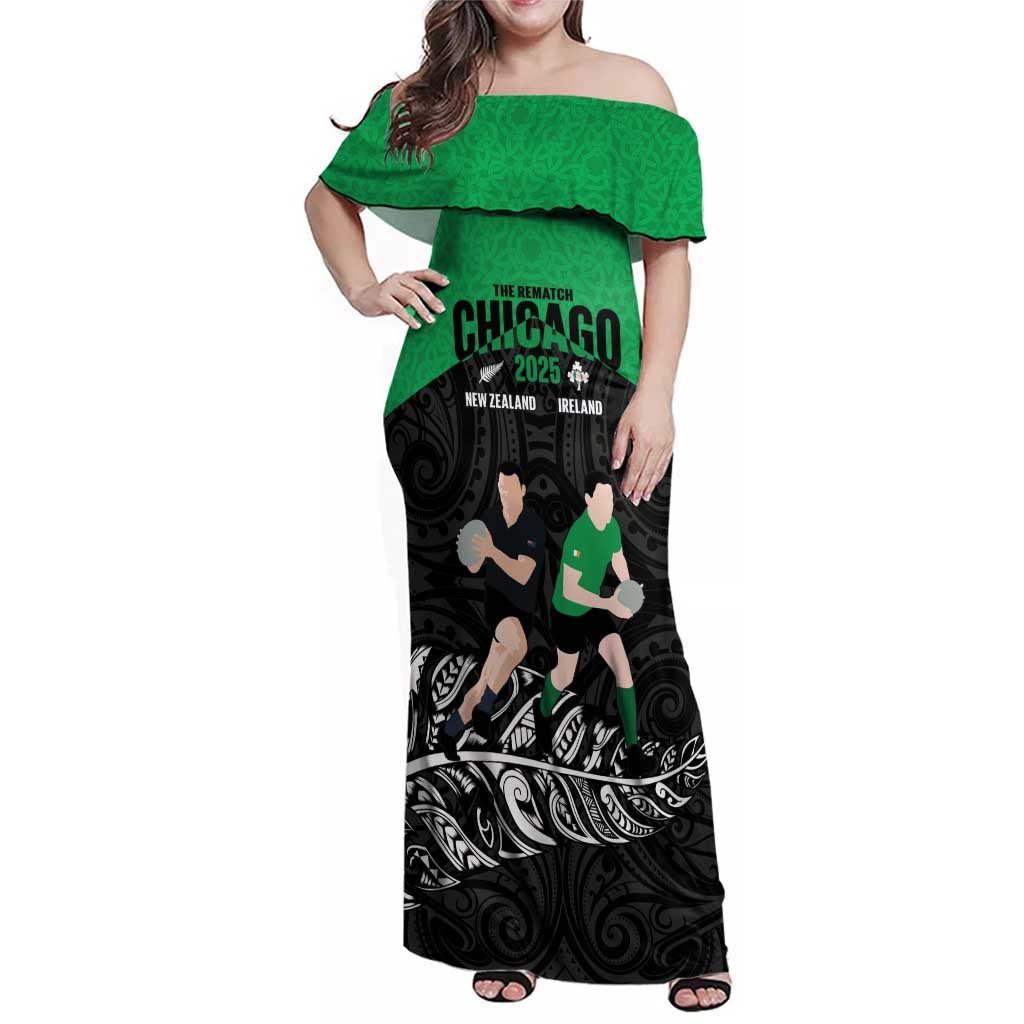 New Zealand and Ireland Rugby Custom Family Matching Off Shoulder Maxi Dress and Hawaiian Shirt Chicago 2025 Go All Black Shamrocks LT14 Mom's Dress Black - Polynesian Pride