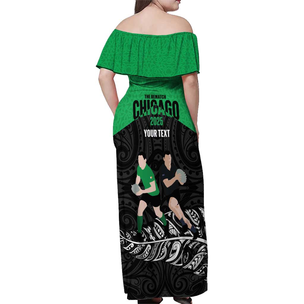 New Zealand and Ireland Rugby Custom Family Matching Off Shoulder Maxi Dress and Hawaiian Shirt Chicago 2025 Go All Black Shamrocks LT14 - Polynesian Pride