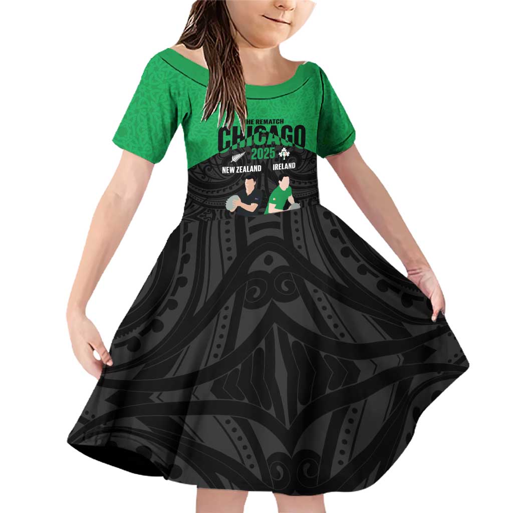 New Zealand and Ireland Rugby Custom Family Matching Off Shoulder Short Dress and Hawaiian Shirt Chicago 2025 Go All Black Shamrocks LT14 Daughter's Dress Black - Polynesian Pride