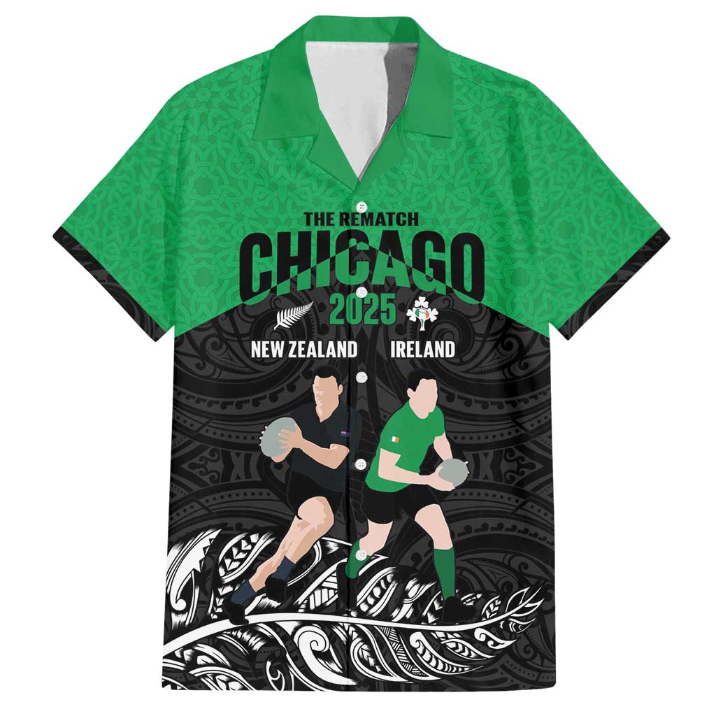 New Zealand and Ireland Rugby Custom Family Matching Off Shoulder Short Dress and Hawaiian Shirt Chicago 2025 Go All Black Shamrocks LT14 Dad's Shirt - Short Sleeve Black - Polynesian Pride