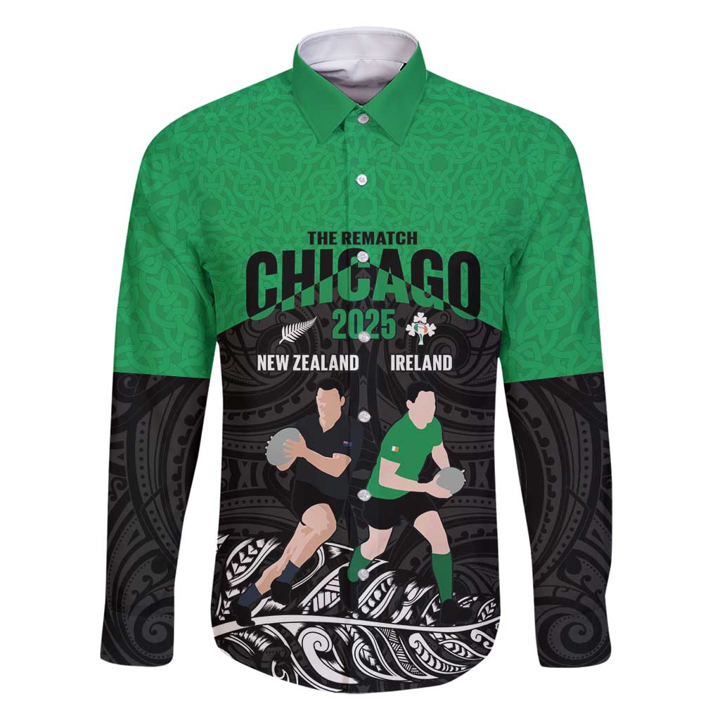 New Zealand and Ireland Rugby Custom Family Matching Off Shoulder Short Dress and Hawaiian Shirt Chicago 2025 Go All Black Shamrocks LT14 Dad's Shirt - Long Sleeve Black - Polynesian Pride