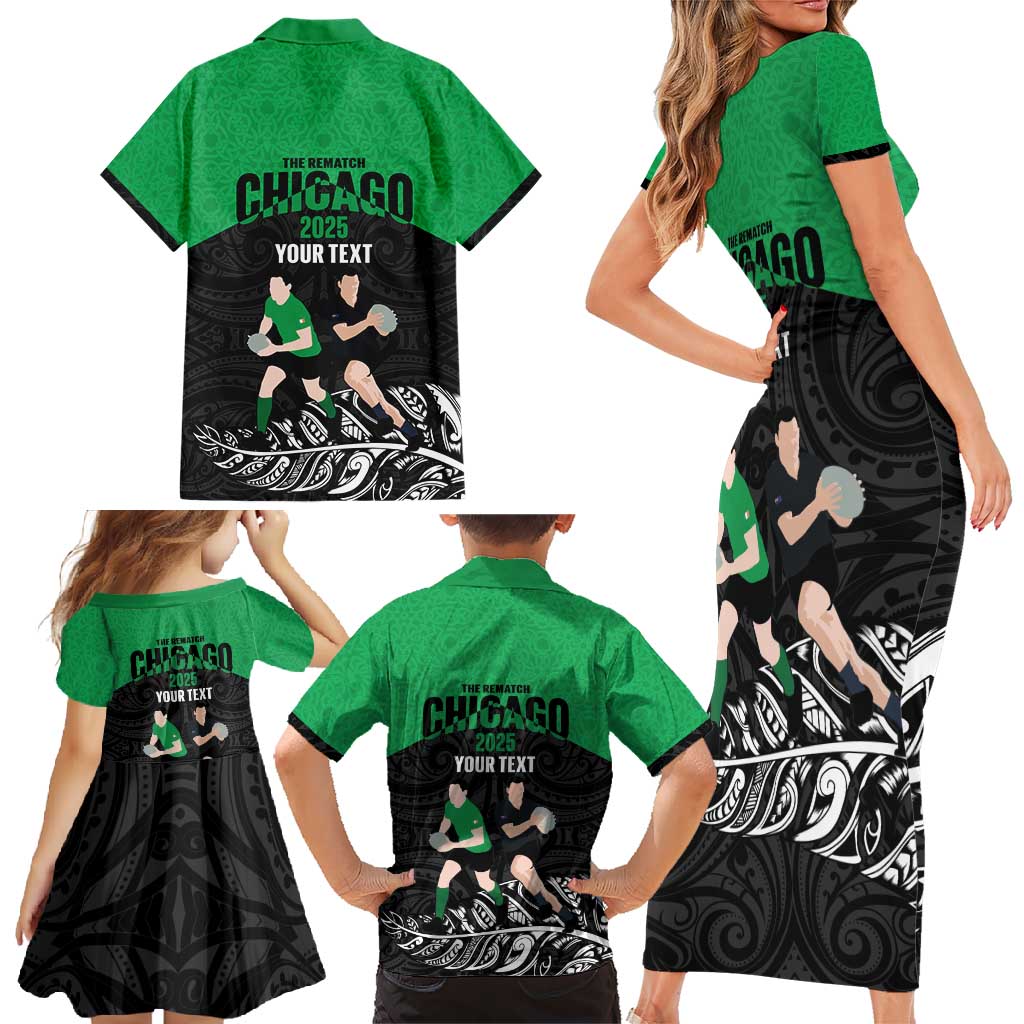New Zealand and Ireland Rugby Custom Family Matching Short Sleeve Bodycon Dress and Hawaiian Shirt Chicago 2025 Go All Black Shamrocks LT14 - Polynesian Pride