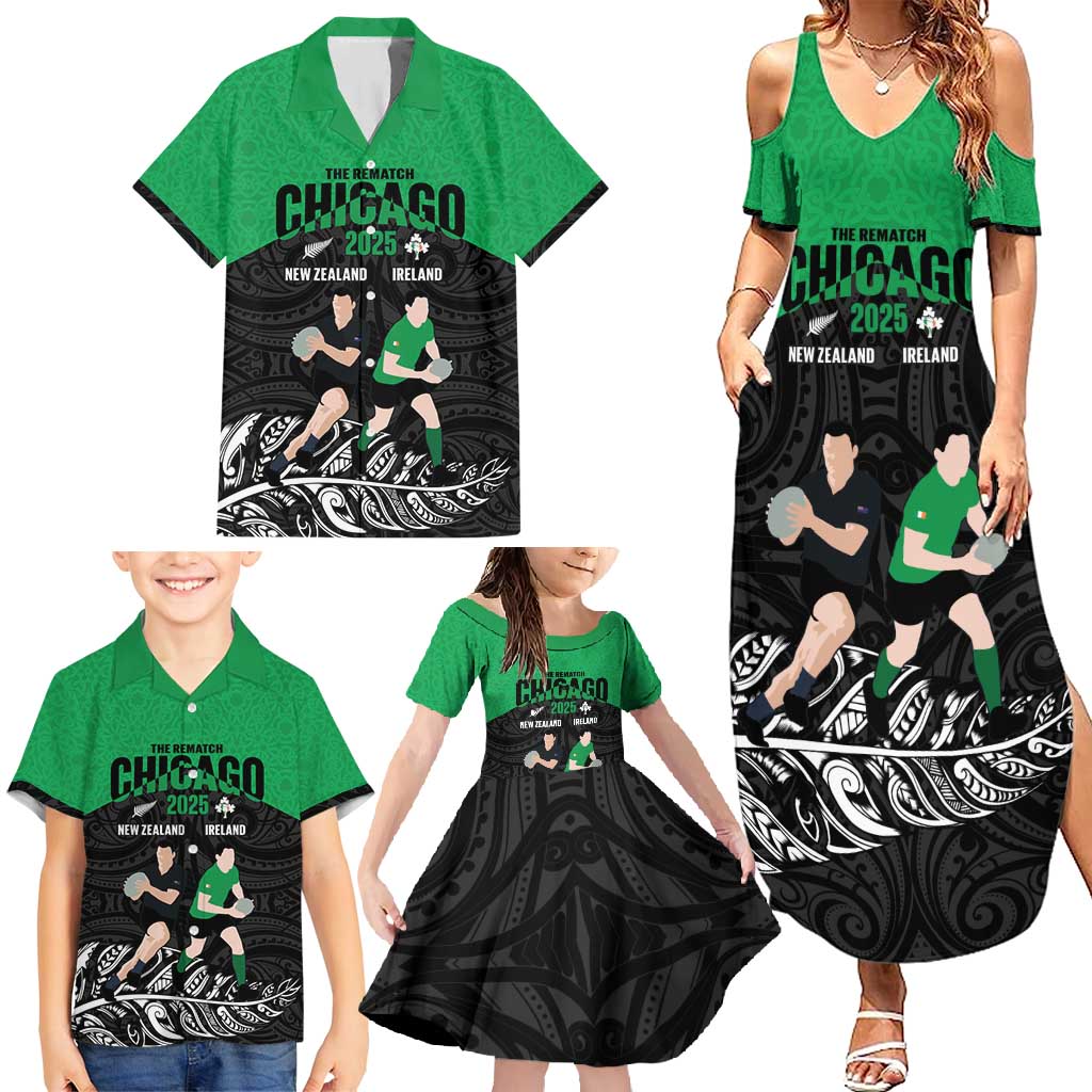 New Zealand and Ireland Rugby Custom Family Matching Summer Maxi Dress and Hawaiian Shirt Chicago 2025 Go All Black Shamrocks LT14 - Polynesian Pride