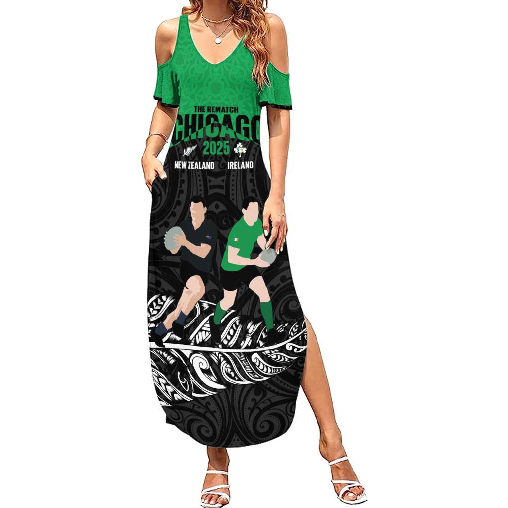 New Zealand and Ireland Rugby Custom Family Matching Summer Maxi Dress and Hawaiian Shirt Chicago 2025 Go All Black Shamrocks LT14 Mom's Dress Black - Polynesian Pride