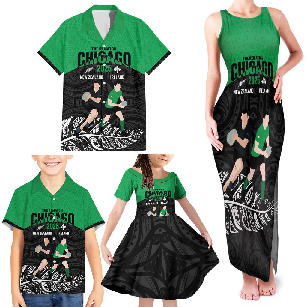 New Zealand and Ireland Rugby Custom Family Matching Tank Maxi Dress and Hawaiian Shirt Chicago 2025 Go All Black Shamrocks LT14 - Polynesian Pride