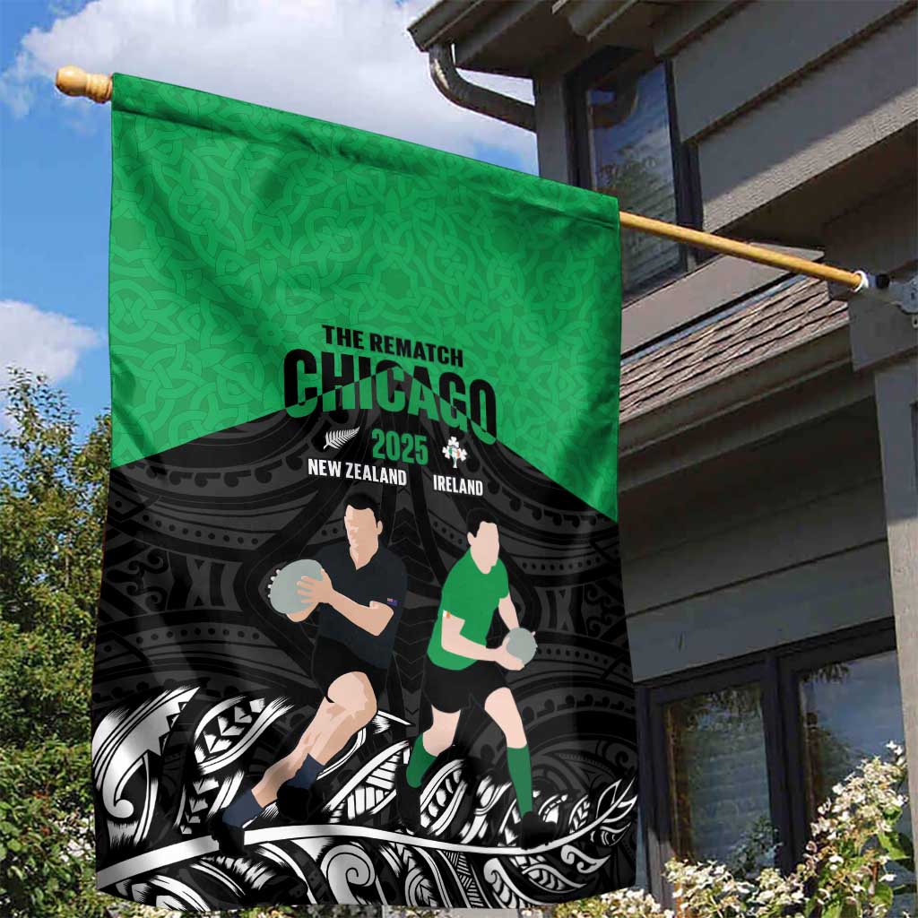 New Zealand and Ireland Rugby Garden Flag Chicago 2025 Go All Black Shamrocks LT14 - Polynesian Pride