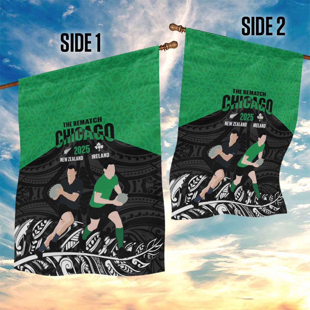 New Zealand and Ireland Rugby Garden Flag Chicago 2025 Go All Black Shamrocks LT14 - Polynesian Pride