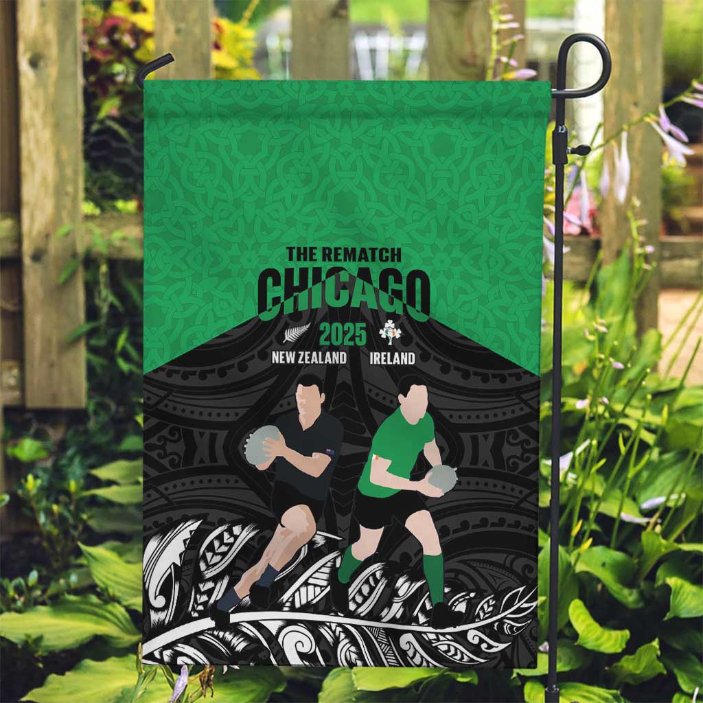 New Zealand and Ireland Rugby Garden Flag Chicago 2025 Go All Black Shamrocks LT14 Garden Flag Black - Polynesian Pride