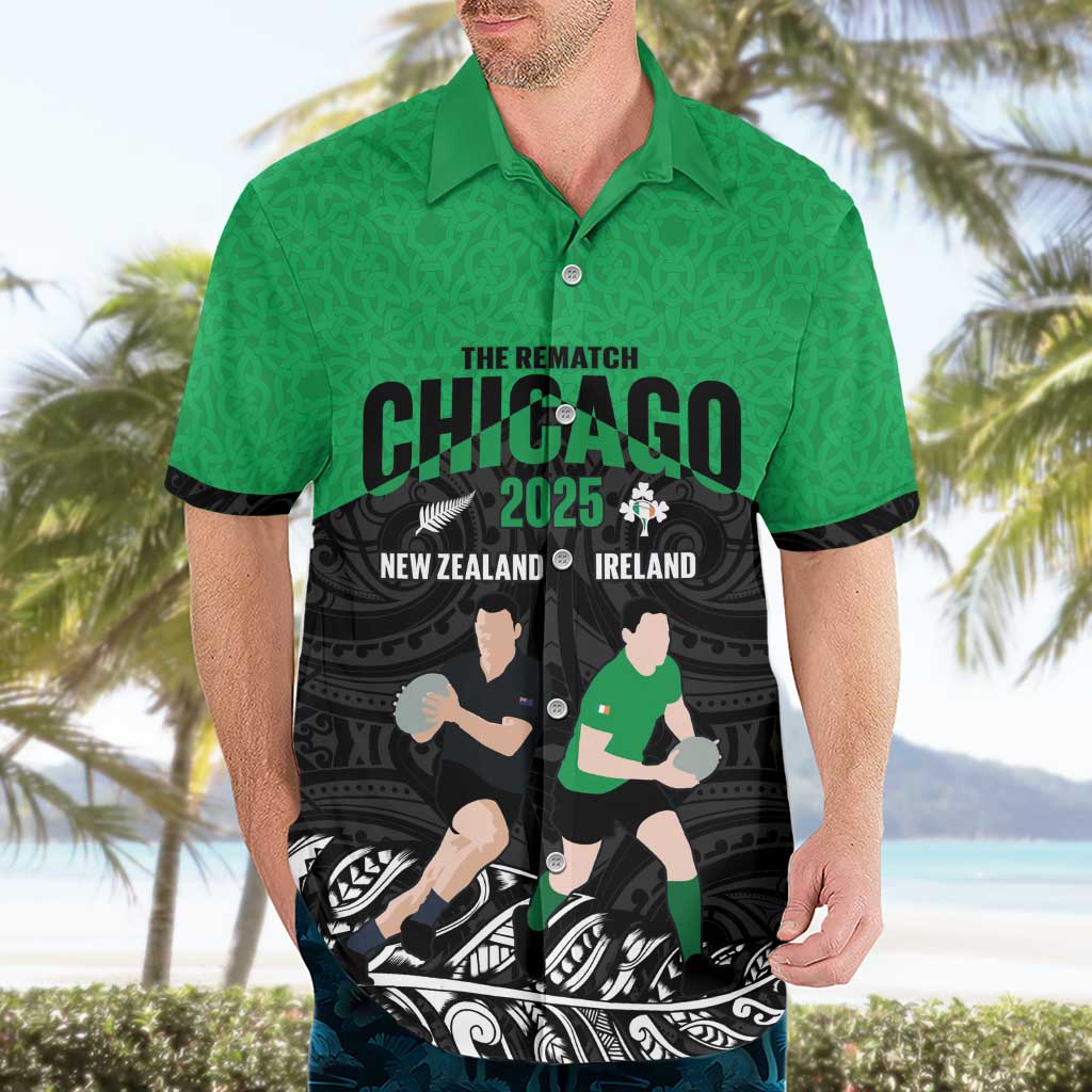 New Zealand and Ireland Rugby Custom Hawaiian Shirt Chicago 2025 Go All Black Shamrocks LT14 - Polynesian Pride
