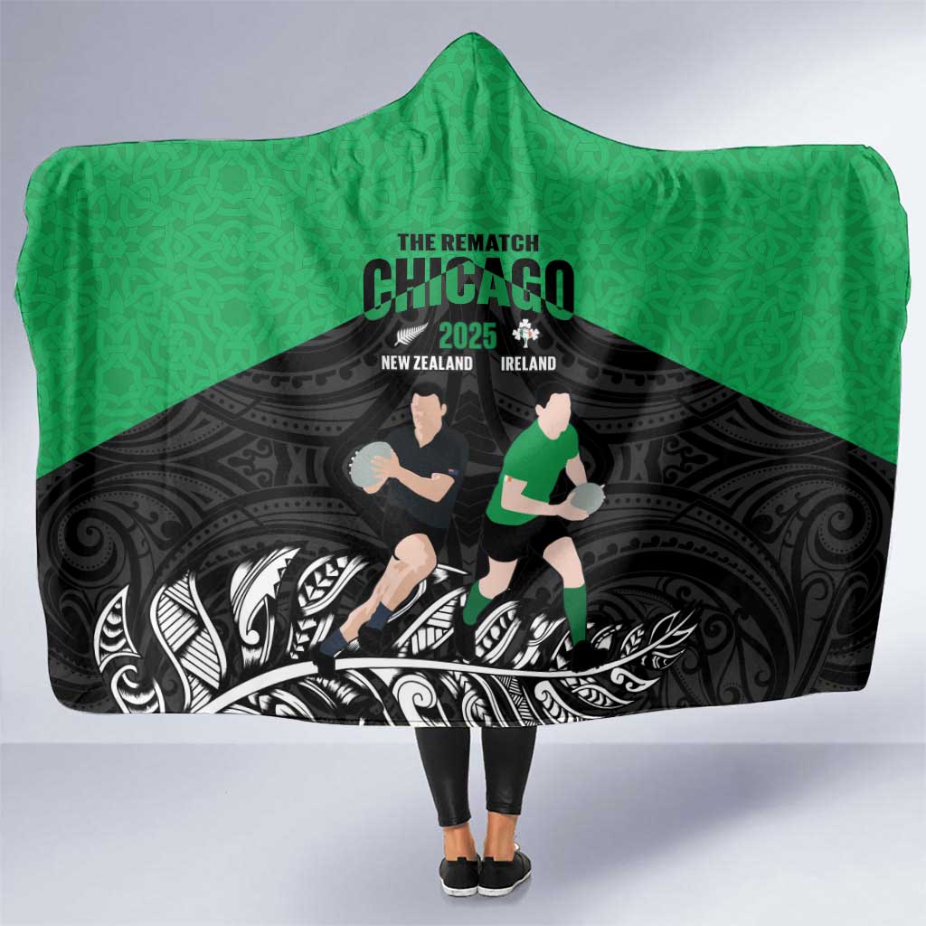 New Zealand and Ireland Rugby Hooded Blanket Chicago 2025 Go All Black Shamrocks LT14 One Size Black - Polynesian Pride