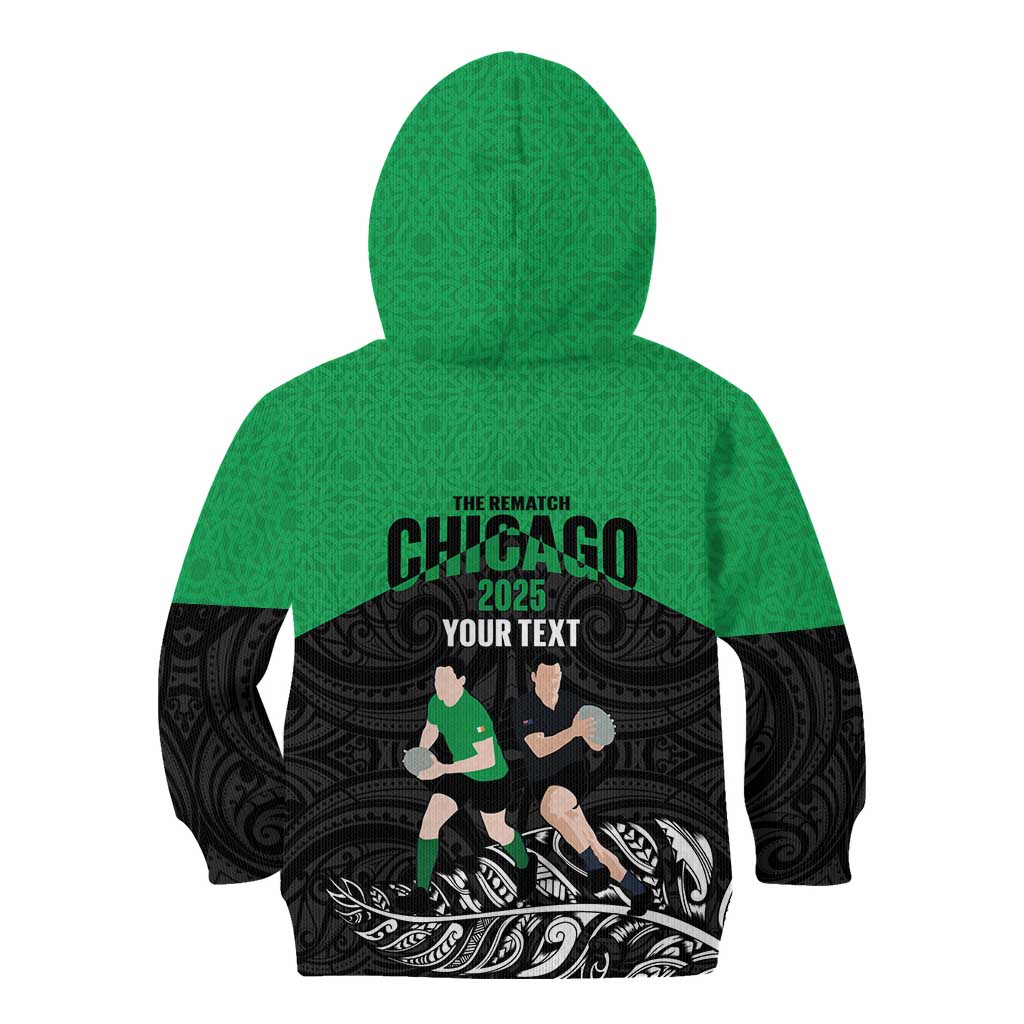 New Zealand and Ireland Rugby Custom Kid Hoodie Chicago 2025 Go All Black Shamrocks LT14 - Polynesian Pride