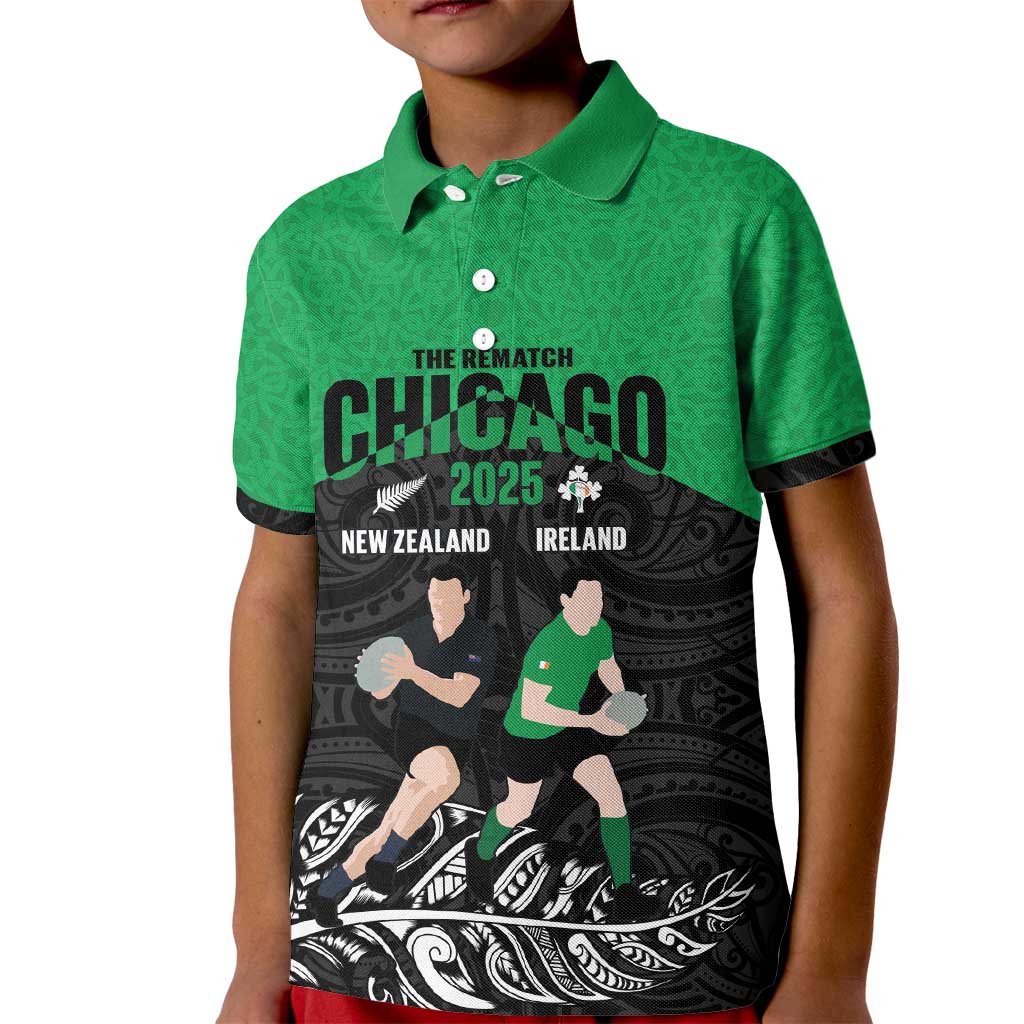 New Zealand and Ireland Rugby Custom Kid Polo Shirt Chicago 2025 Go All Black Shamrocks LT14 Kid Black - Polynesian Pride