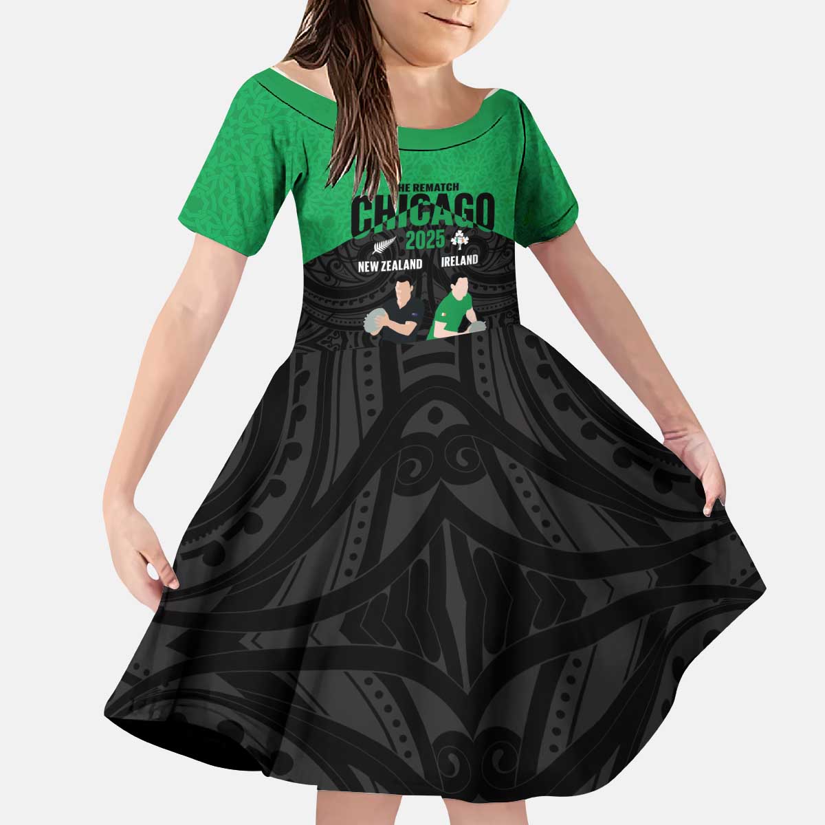 New Zealand and Ireland Rugby Custom Kid Short Sleeve Dress Chicago 2025 Go All Black Shamrocks LT14 KID Black - Polynesian Pride