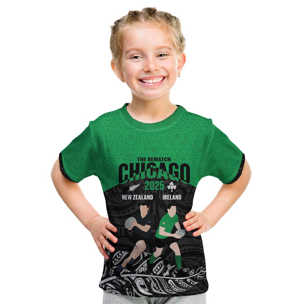 New Zealand and Ireland Rugby Custom Kid T Shirt Chicago 2025 Go All Black Shamrocks LT14 Black - Polynesian Pride