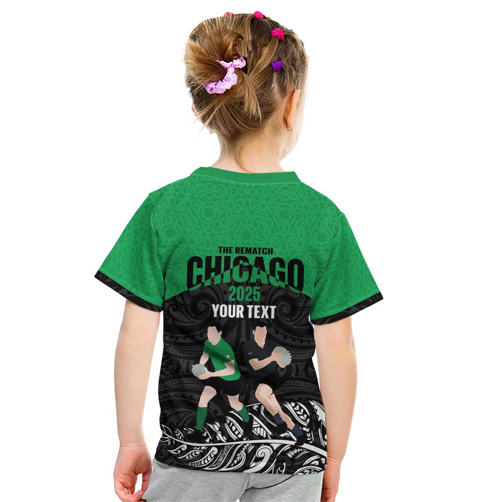New Zealand and Ireland Rugby Custom Kid T Shirt Chicago 2025 Go All Black Shamrocks LT14 - Polynesian Pride